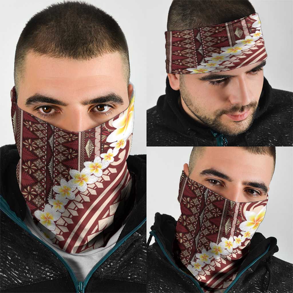 Red Vintage Tonga Ngatu Pattern With Plumeria Neck Gaiter - Polynesian Pride