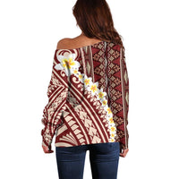 Red Vintage Tonga Ngatu Pattern With Plumeria Off Shoulder Sweater - Polynesian Pride