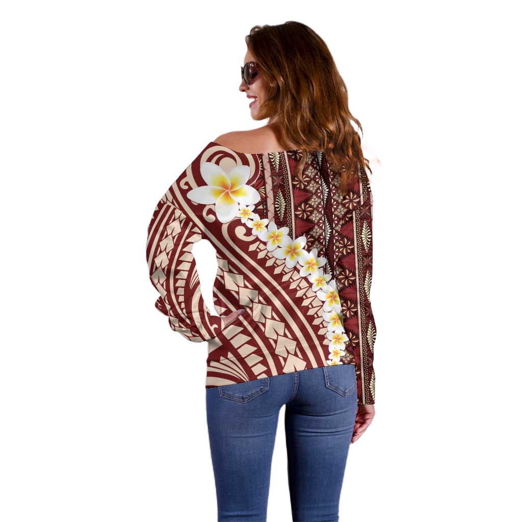 Red Vintage Tonga Ngatu Pattern With Plumeria Off Shoulder Sweater - Polynesian Pride