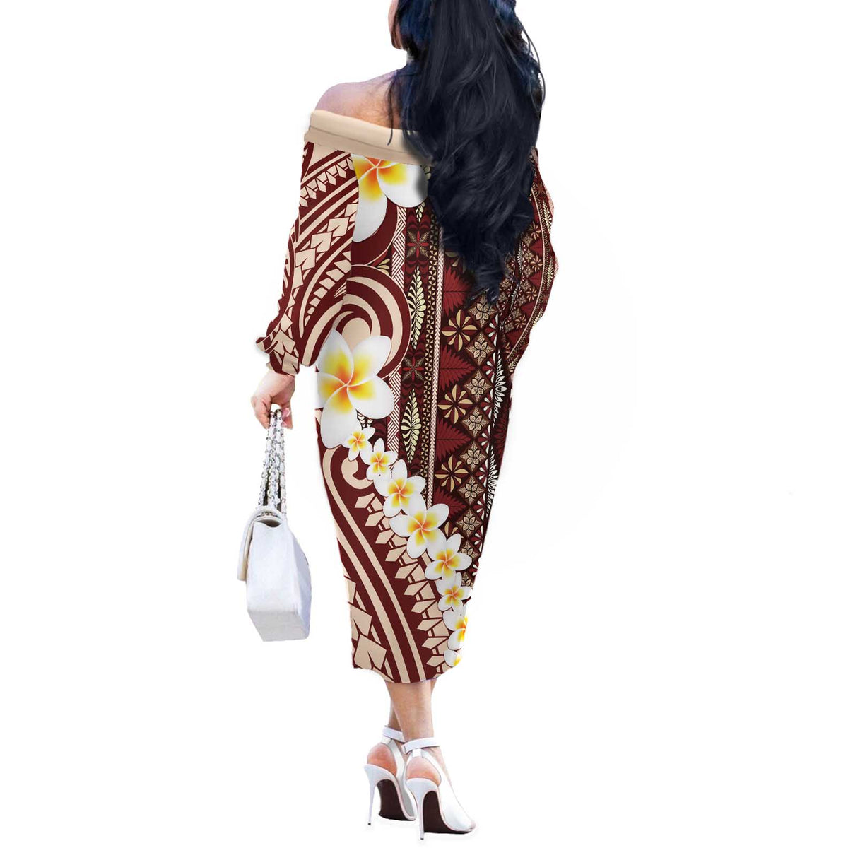 Red Vintage Tonga Ngatu Pattern With Plumeria Off The Shoulder Long Sleeve Dress - Polynesian Pride