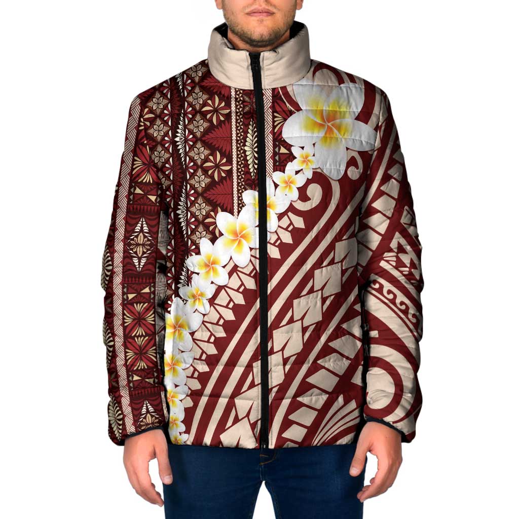 Red Vintage Tonga Ngatu Pattern With Plumeria Padded Jacket - Polynesian Pride