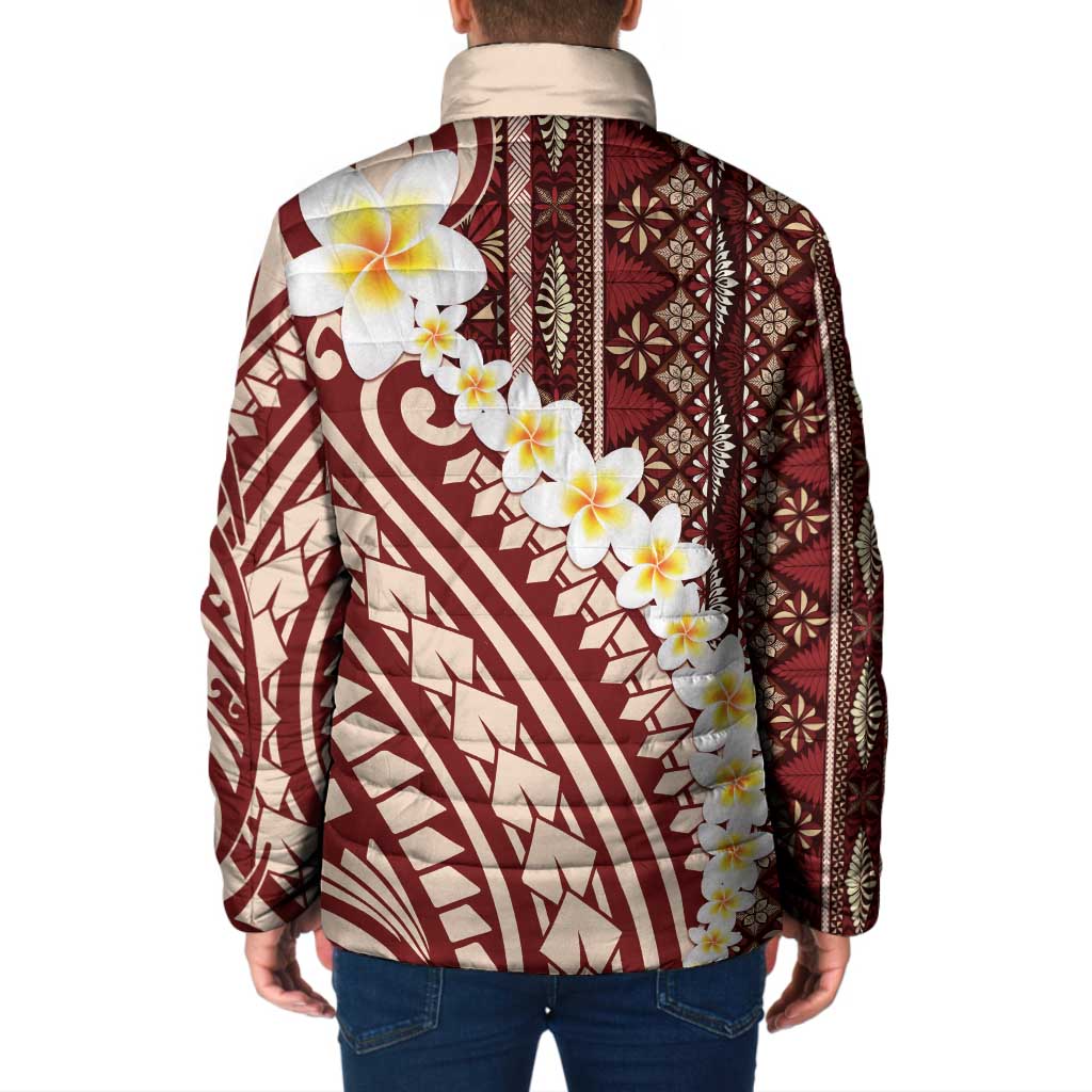 Red Vintage Tonga Ngatu Pattern With Plumeria Padded Jacket - Polynesian Pride
