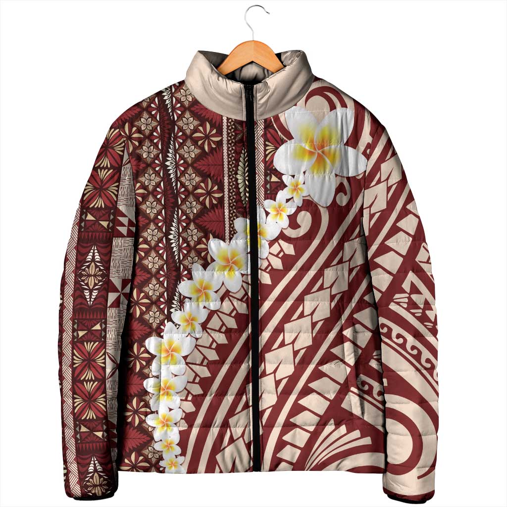 Red Vintage Tonga Ngatu Pattern With Plumeria Padded Jacket - Polynesian Pride