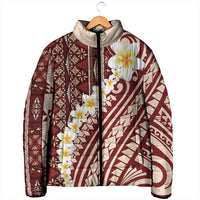 Red Vintage Tonga Ngatu Pattern With Plumeria Padded Jacket - Polynesian Pride