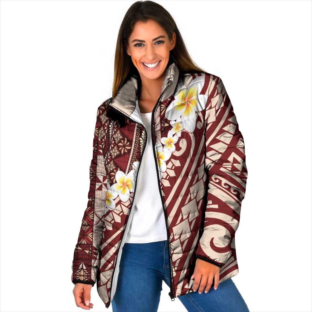 Red Vintage Tonga Ngatu Pattern With Plumeria Padded Jacket - Polynesian Pride