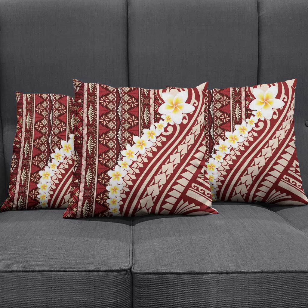 Red Vintage Tonga Ngatu Pattern With Plumeria Pillow Cover - Polynesian Pride