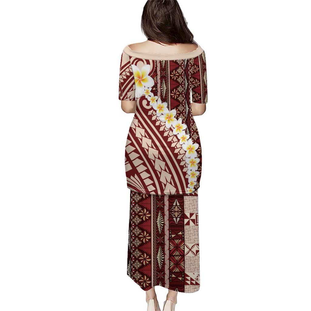 Red Vintage Tonga Ngatu Pattern With Plumeria Puletasi - Polynesian Pride