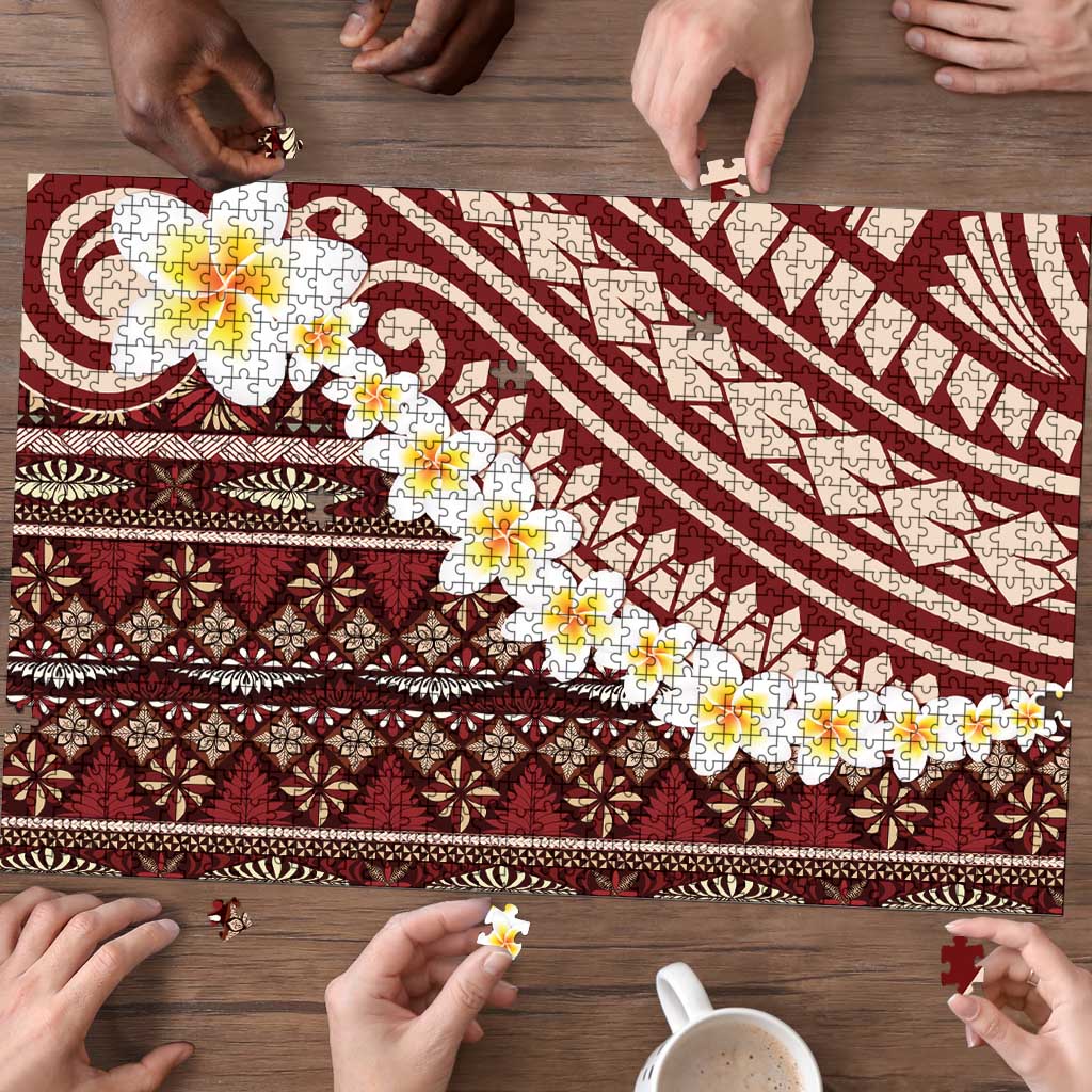 Red Vintage Tonga Ngatu Pattern With Plumeria Puzzle - Polynesian Pride