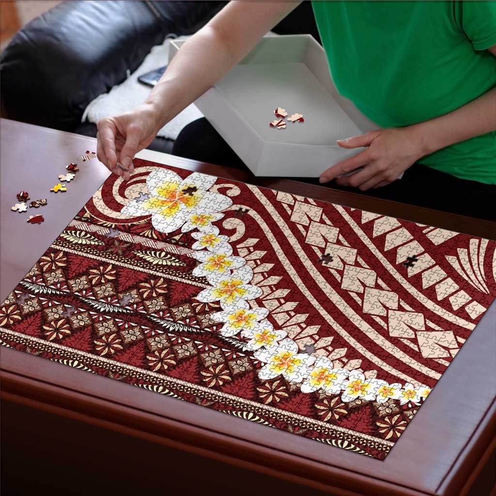 Red Vintage Tonga Ngatu Pattern With Plumeria Puzzle - Polynesian Pride