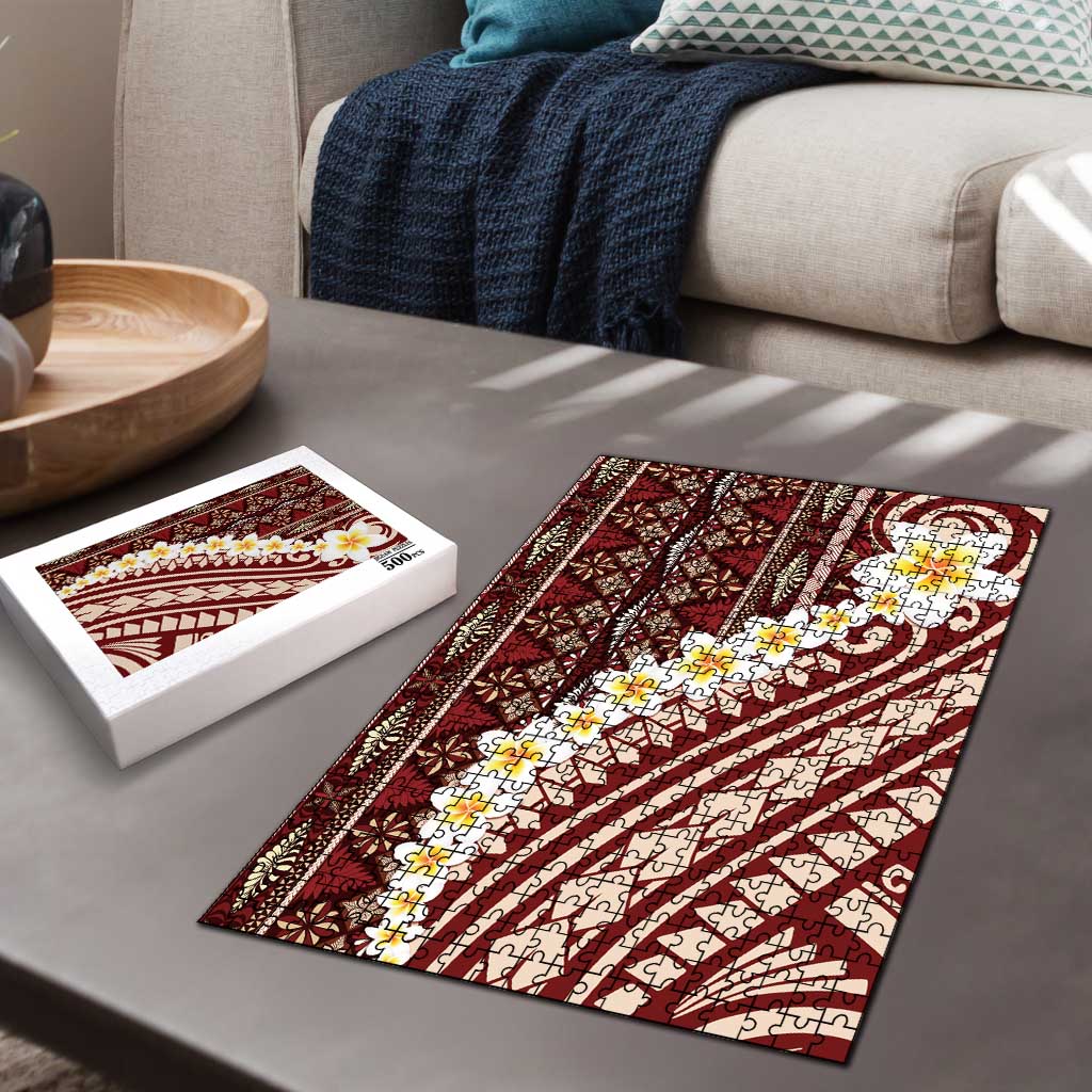Red Vintage Tonga Ngatu Pattern With Plumeria Puzzle - Polynesian Pride