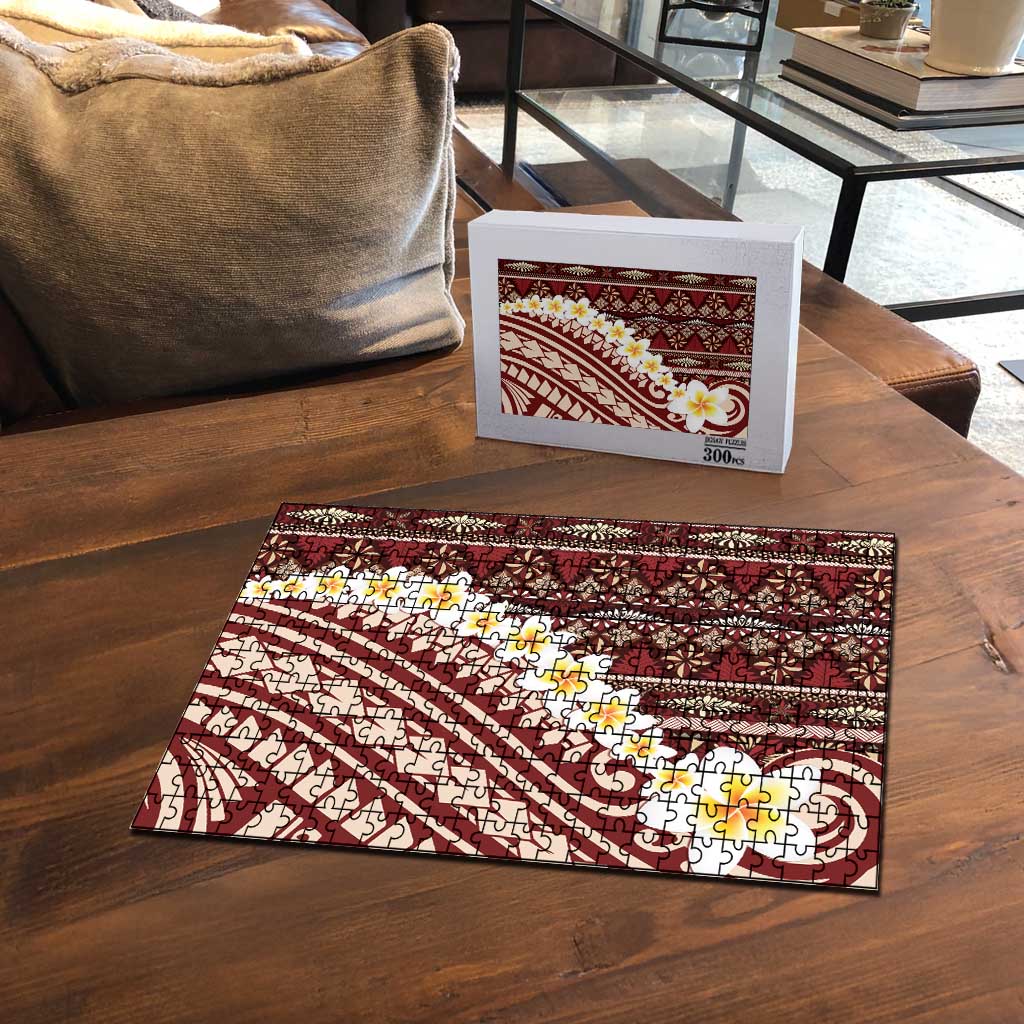 Red Vintage Tonga Ngatu Pattern With Plumeria Puzzle - Polynesian Pride