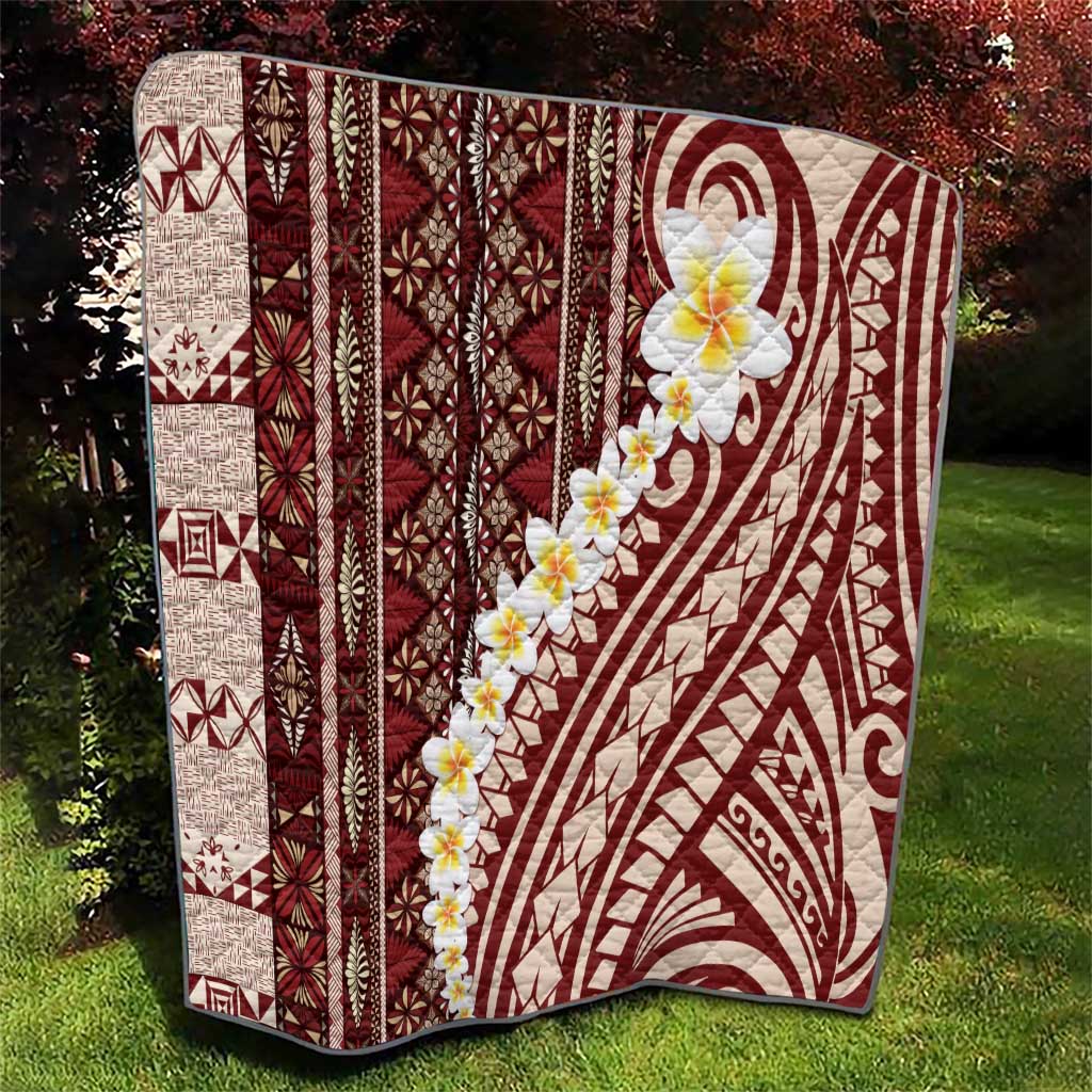Red Vintage Tonga Ngatu Pattern With Plumeria Quilt - Polynesian Pride
