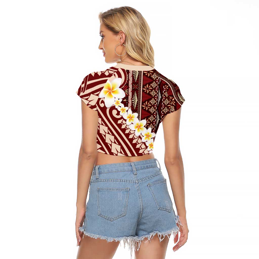 Red Vintage Tonga Ngatu Pattern With Plumeria Raglan Cropped T Shirt - Polynesian Pride