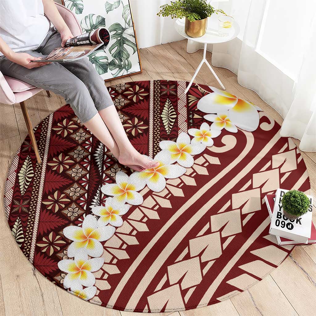 Red Vintage Tonga Ngatu Pattern With Plumeria Round Carpet - Polynesian Pride