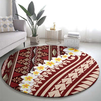 Red Vintage Tonga Ngatu Pattern With Plumeria Round Carpet - Polynesian Pride