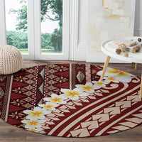 Red Vintage Tonga Ngatu Pattern With Plumeria Round Carpet - Polynesian Pride
