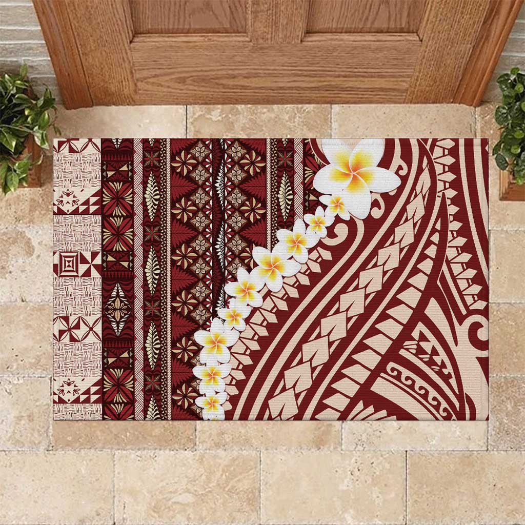 Red Vintage Tonga Ngatu Pattern With Plumeria Rubber Doormat - Polynesian Pride