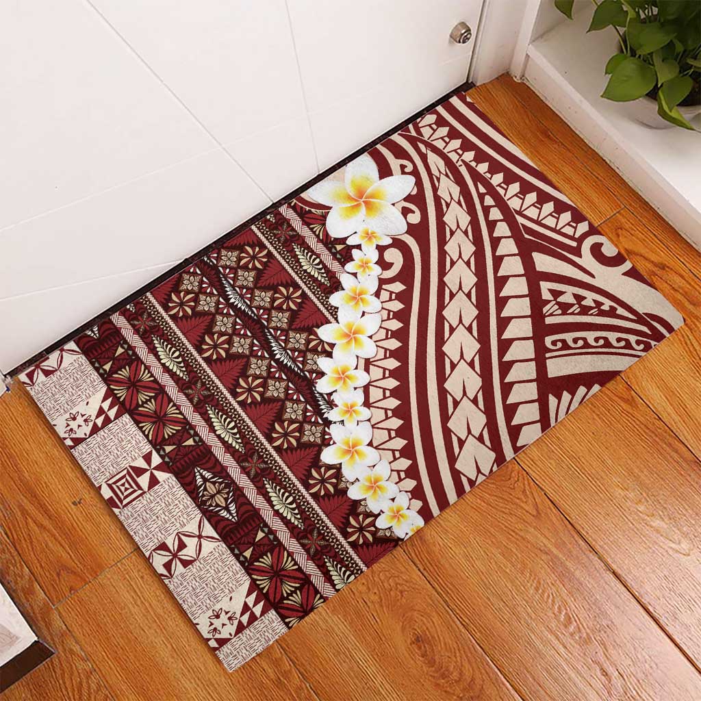 Red Vintage Tonga Ngatu Pattern With Plumeria Rubber Doormat - Polynesian Pride