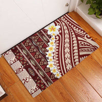 Red Vintage Tonga Ngatu Pattern With Plumeria Rubber Doormat - Polynesian Pride