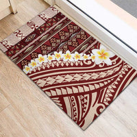 Red Vintage Tonga Ngatu Pattern With Plumeria Rubber Doormat - Polynesian Pride