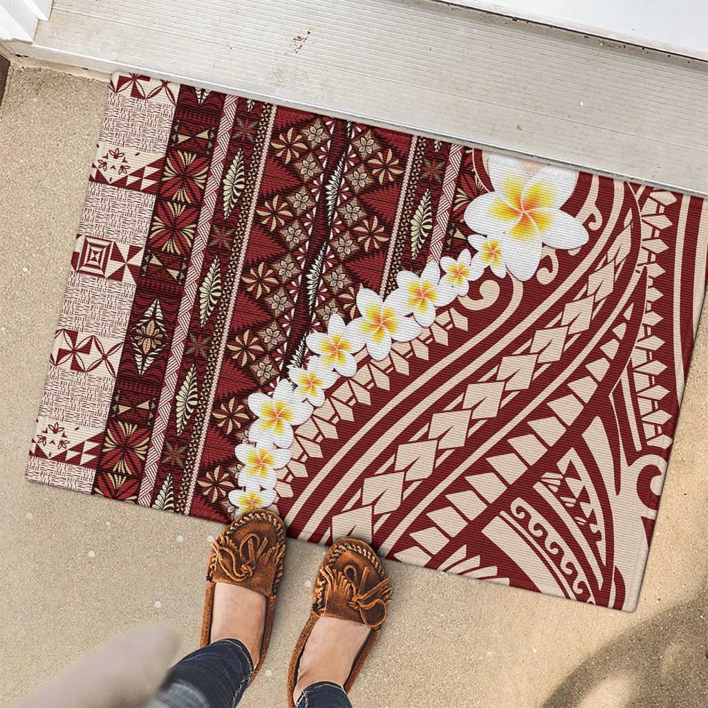 Red Vintage Tonga Ngatu Pattern With Plumeria Rubber Doormat - Polynesian Pride