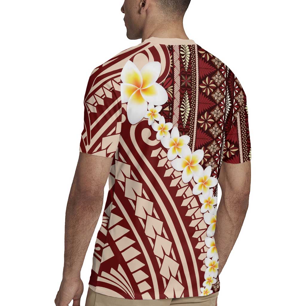 Red Vintage Tonga Ngatu Pattern With Plumeria Rugby Jersey - Polynesian Pride