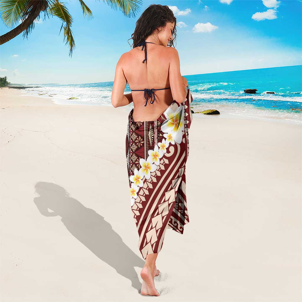 Red Vintage Tonga Ngatu Pattern With Plumeria Sarong - Polynesian Pride