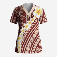 Red Vintage Tonga Ngatu Pattern With Plumeria Scrub Top - Polynesian Pride