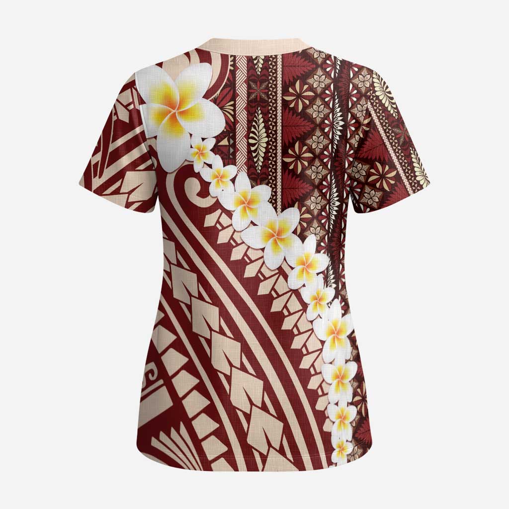 Red Vintage Tonga Ngatu Pattern With Plumeria Scrub Top - Polynesian Pride