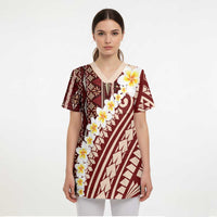 Red Vintage Tonga Ngatu Pattern With Plumeria Scrub Top - Polynesian Pride