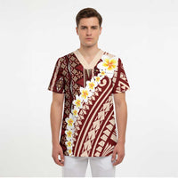 Red Vintage Tonga Ngatu Pattern With Plumeria Scrub Top - Polynesian Pride