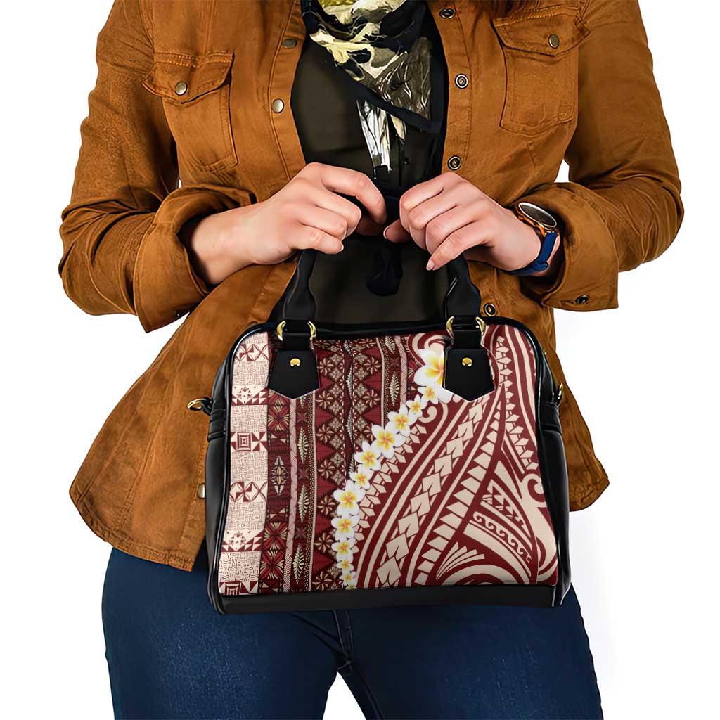 Red Vintage Tonga Ngatu Pattern With Plumeria Shoulder Handbag - Polynesian Pride
