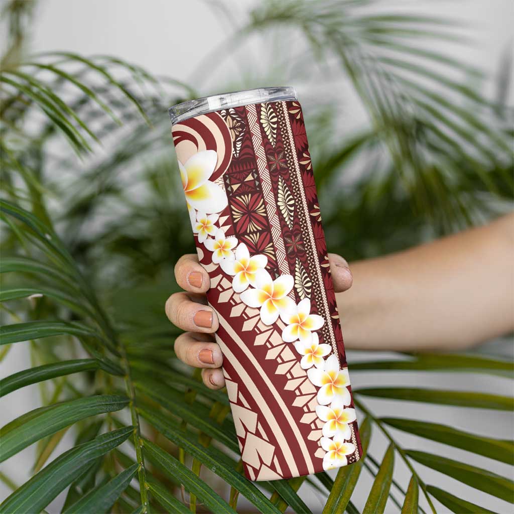 Red Vintage Tonga Ngatu Pattern With Plumeria Skinny Tumbler - Polynesian Pride