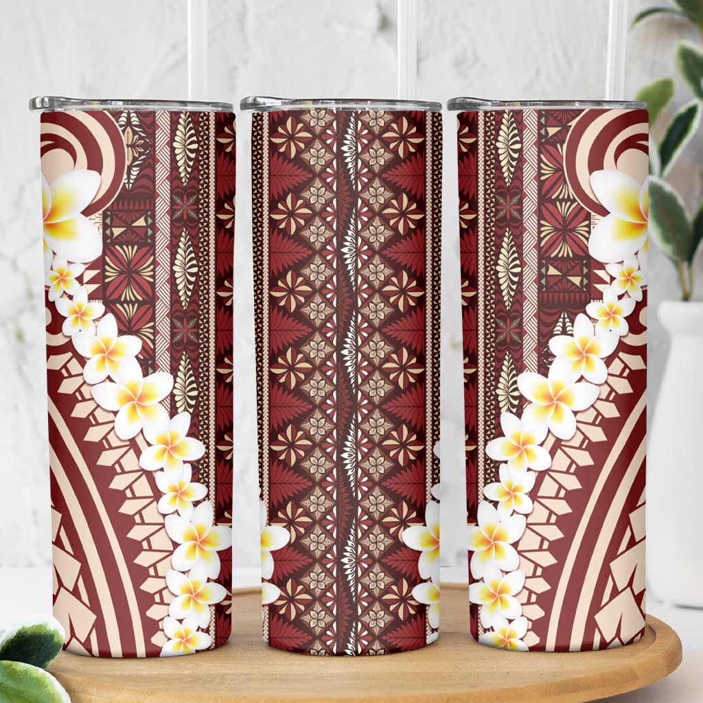 Red Vintage Tonga Ngatu Pattern With Plumeria Skinny Tumbler - Polynesian Pride