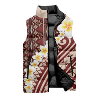 Red Vintage Tonga Ngatu Pattern With Plumeria Sleeveless Puffer Jacket - Polynesian Pride