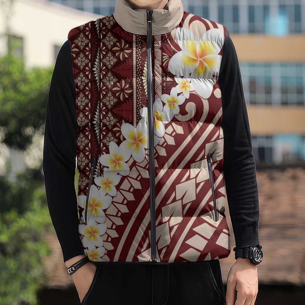 Red Vintage Tonga Ngatu Pattern With Plumeria Sleeveless Puffer Jacket - Polynesian Pride