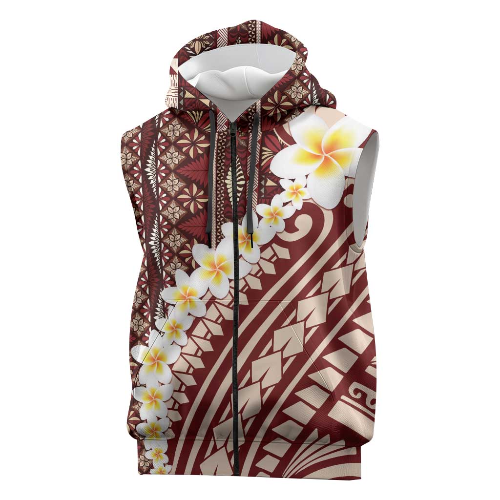 Red Vintage Tonga Ngatu Pattern With Plumeria Sleeveless Zip Hoodie - Polynesian Pride