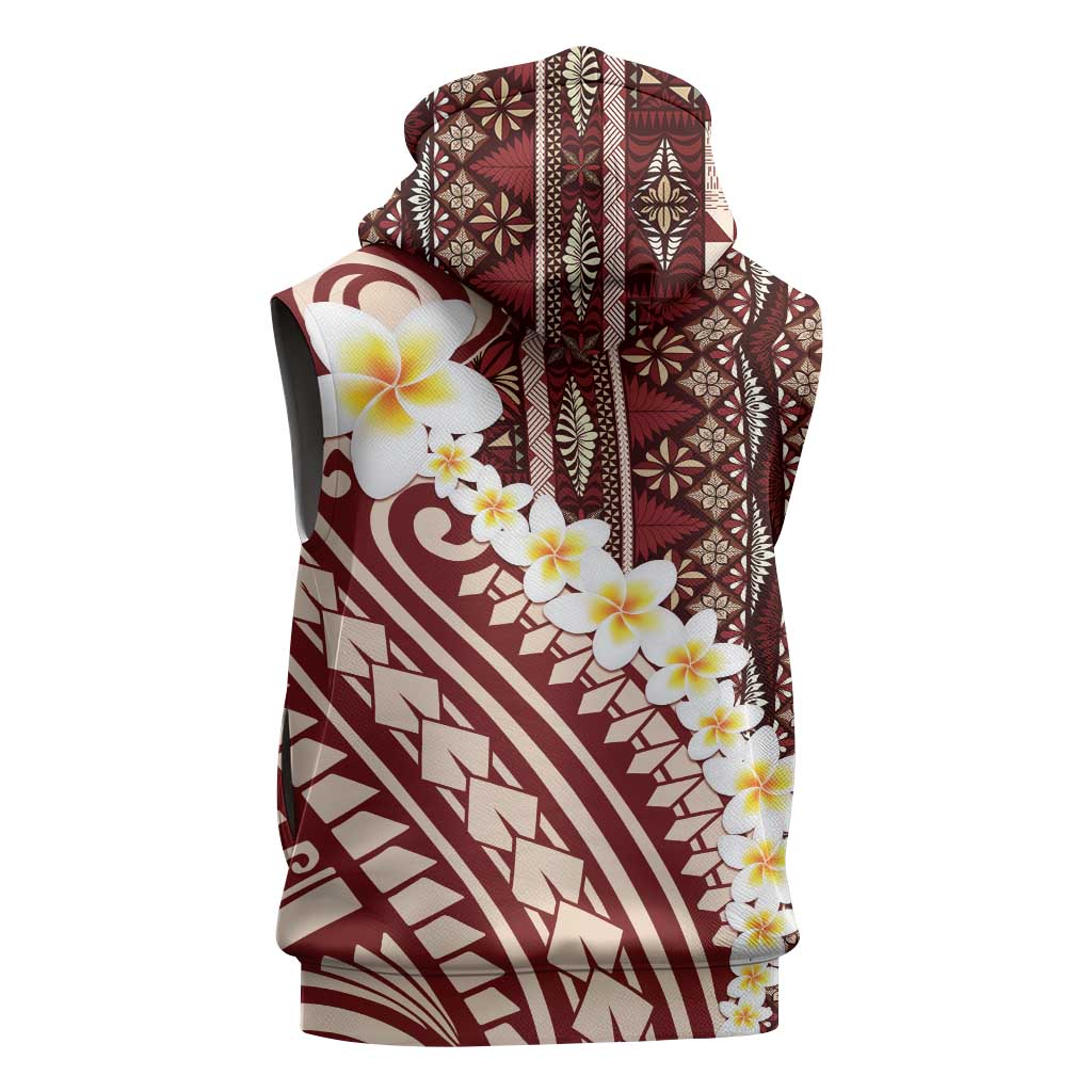 Red Vintage Tonga Ngatu Pattern With Plumeria Sleeveless Zip Hoodie - Polynesian Pride