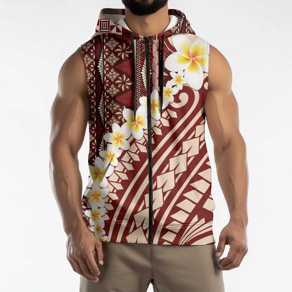 Red Vintage Tonga Ngatu Pattern With Plumeria Sleeveless Zip Hoodie - Polynesian Pride