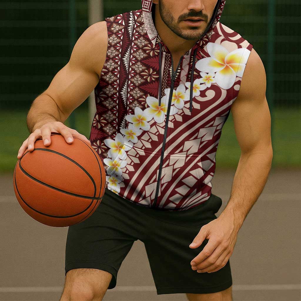 Red Vintage Tonga Ngatu Pattern With Plumeria Sleeveless Zip Hoodie - Polynesian Pride
