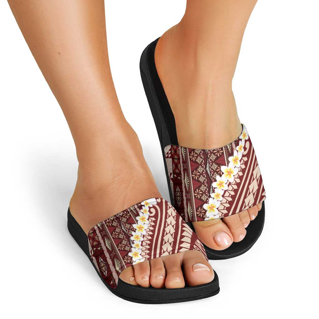 Red Vintage Tonga Ngatu Pattern With Plumeria Slide Sandals - Polynesian Pride