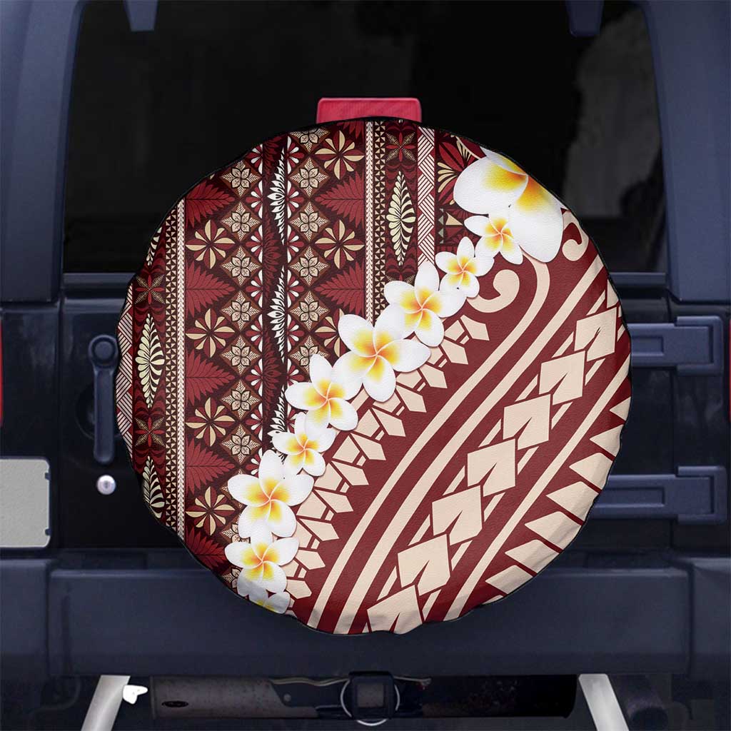 Red Vintage Tonga Ngatu Pattern With Plumeria Spare Tire Cover - Polynesian Pride