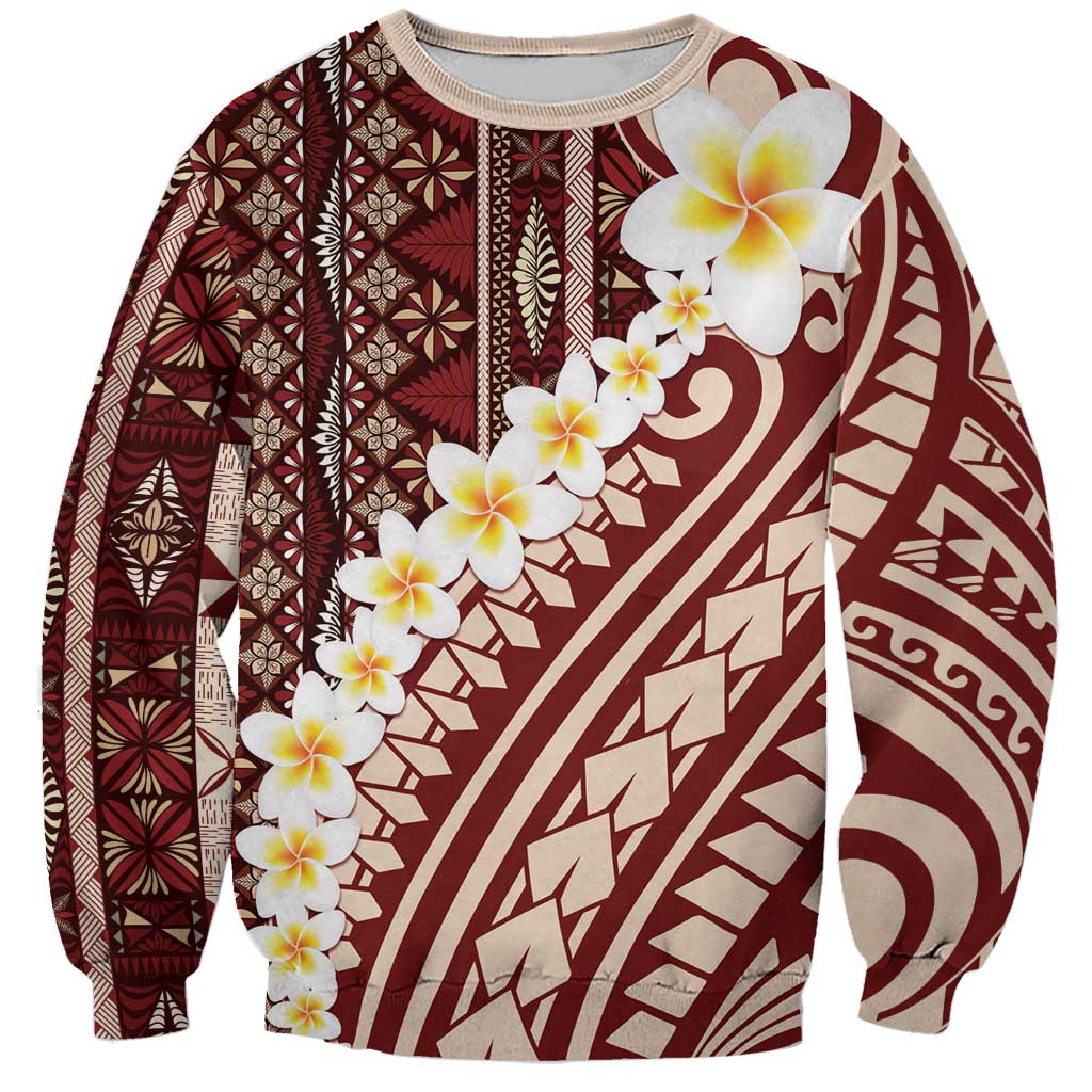 Red Vintage Tonga Ngatu Pattern With Plumeria Sweatshirt - Polynesian Pride