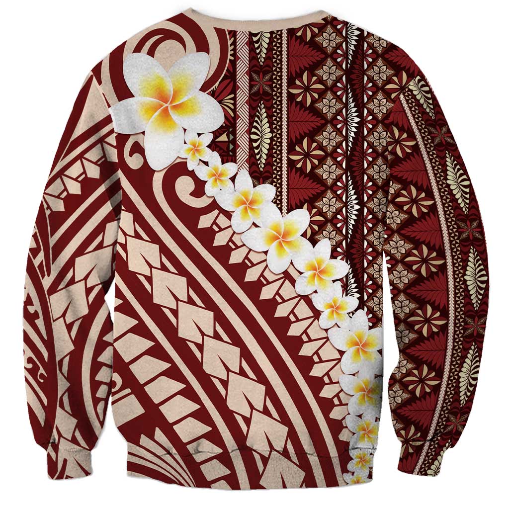 Red Vintage Tonga Ngatu Pattern With Plumeria Sweatshirt - Polynesian Pride