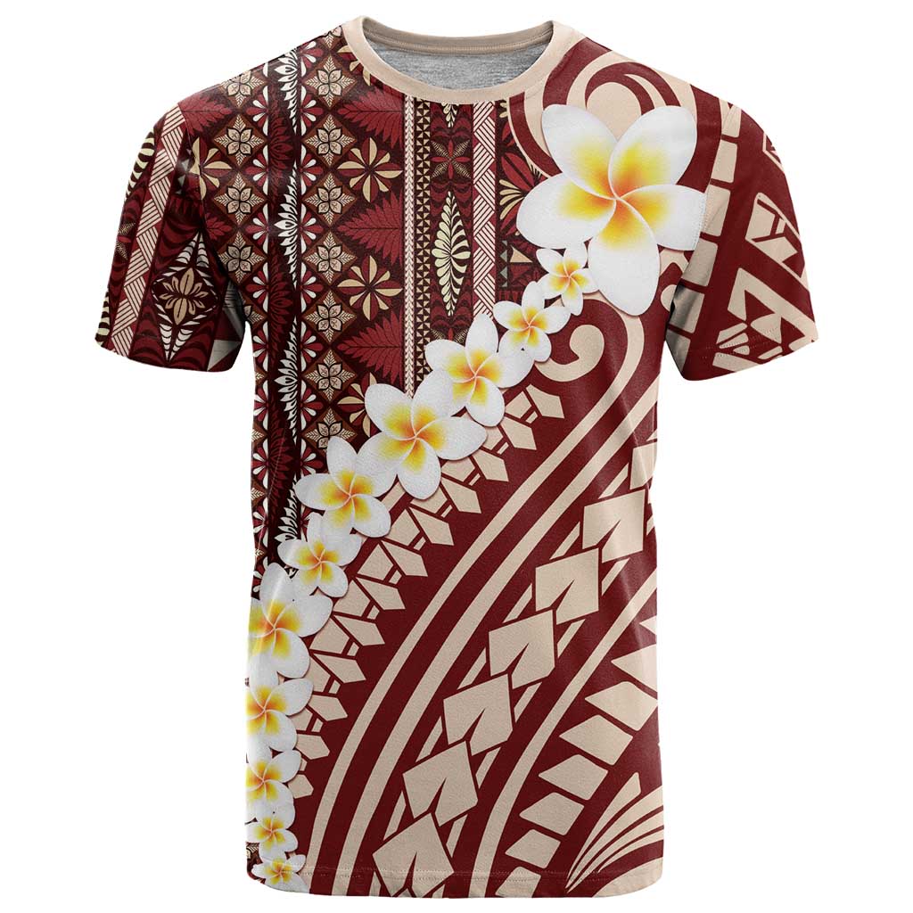 Red Vintage Tonga Ngatu Pattern With Plumeria T Shirt - Polynesian Pride
