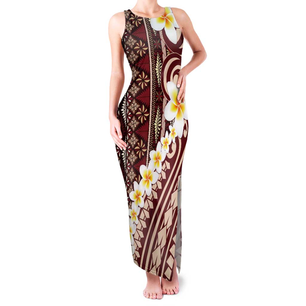 Red Vintage Tonga Ngatu Pattern With Plumeria Tank Maxi Dress - Polynesian Pride