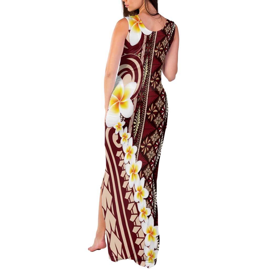 Red Vintage Tonga Ngatu Pattern With Plumeria Tank Maxi Dress - Polynesian Pride