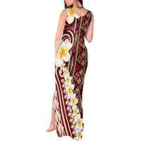 Red Vintage Tonga Ngatu Pattern With Plumeria Tank Maxi Dress - Polynesian Pride