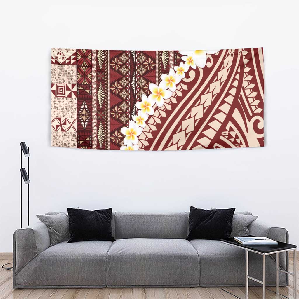 Red Vintage Tonga Ngatu Pattern With Plumeria Tapestry - Polynesian Pride