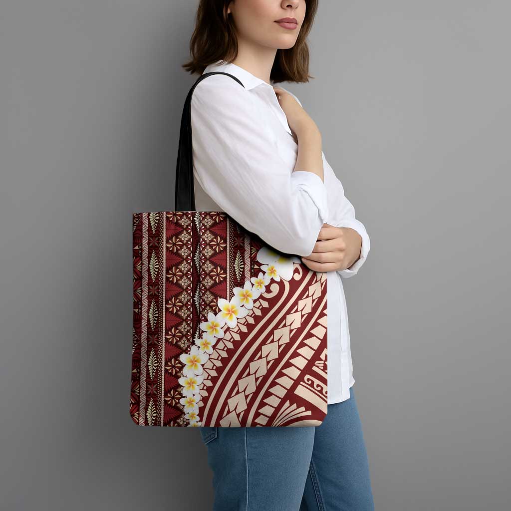 Red Vintage Tonga Ngatu Pattern With Plumeria Tote Bag - Polynesian Pride